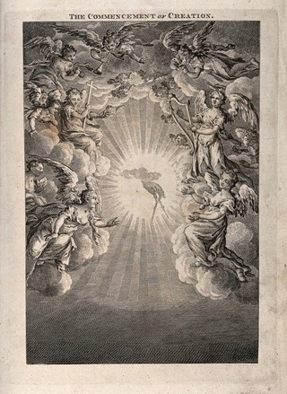 The hand of God spans out heaven with a compass while surrounded by angels. Line engraving by Robert Pranker, ca. 1761.