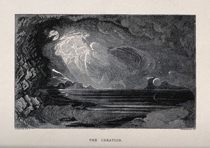 view God creates light over the waters. Wood engraving by Thompson after J. Martin.