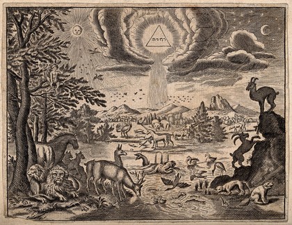 God, as a triangle representing the Trinity, pours light upon the Garden of Eden. Engraving.