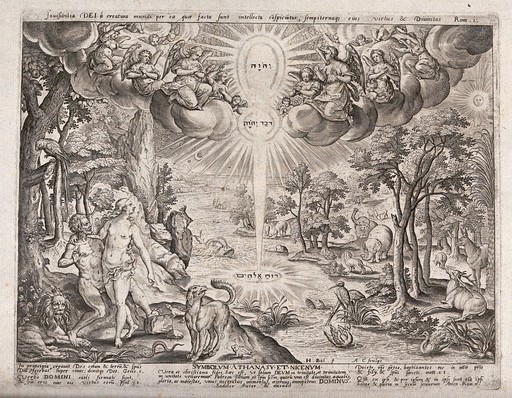 The Garden of Eden illuminated by a tripartite extension of light, symbolising the Trinity. Engraving by A.C. after H. Bol.