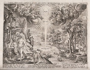 view The garden of Eden illuminated by light symbolising the Trinity. Engraving by A. Collaert after H. Bol.