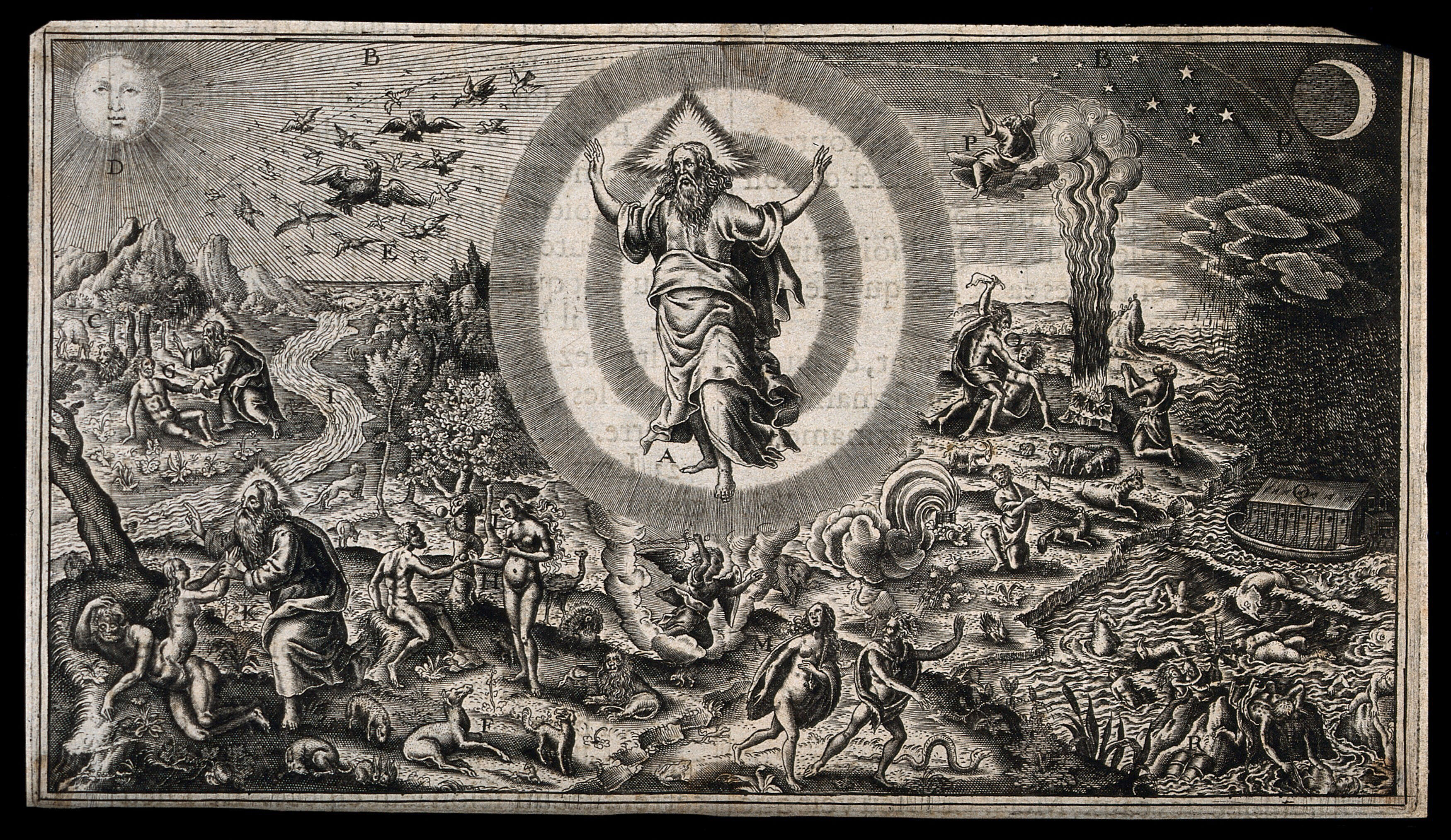 God appears in a circle surrounded by images from the ...