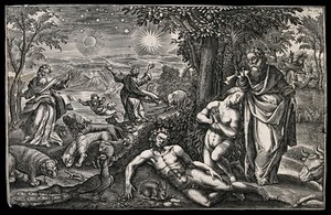view God enjoys the Creation and creates Eve. Line engraving.