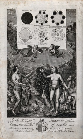 Adam looks in wonder at the divine cosmological plan, represented above him in astronomical figures on a scroll; Eve looks at Adam. Etching.