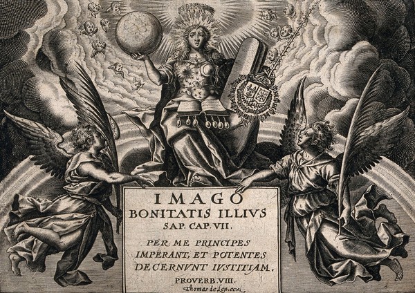 A regal Mary (or Wisdom?), as the Church of the Last Judgement, flanked by angels. Line engraving by T. de Leu.