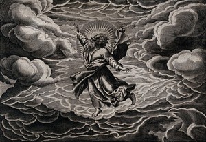 view The second day of Creation: God, suspended in the clouds, divides the heavens from the waters. Line engraving by T. de Leu after M. de Vos.