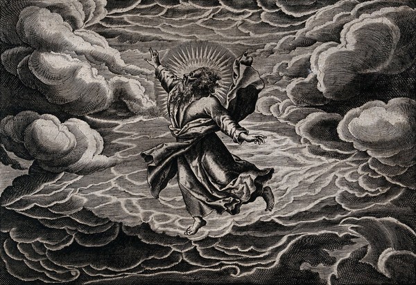 The second day of Creation: God, suspended in the clouds, divides the heavens from the waters. Line engraving by T. de Leu after M. de Vos.