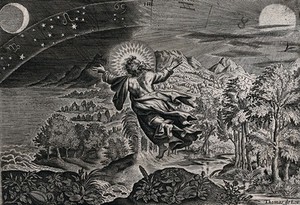 view The fourth day of Creation: God creates the sun, moon and stars. Line engraving by Thomas de Leu.