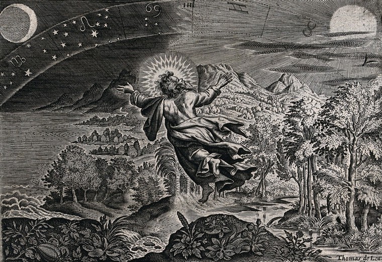 The fourth day of Creation: God creates the sun, moon and stars. Line  engraving by Thomas de Leu.