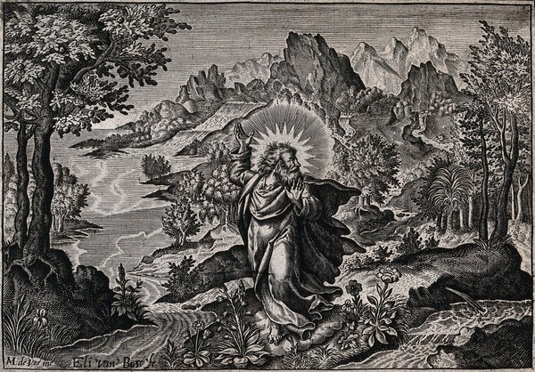 The third day of Creation: God creates the fertile earth. Line engraving by E. van den Bosche after M. de Vos.