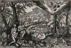 view Adam and Eve humbly pray to a stern God. Line engraving.