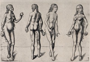 view Adam and Eve holding fruit: Four figures. Heliogravure by C. Amand-Durand.