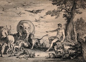 view Adam naming the animals. Etching by G. Scotin and J. Cole after H. Gravelot and J.B. Chatelain, 1743.