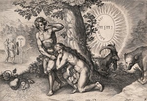 view Adam and Eve conceal their nakedness; in the distance they receive clothes from God. Line engraving by J. Haeyler after C. van den Broeck.