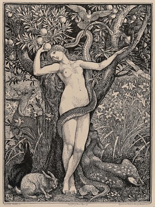 The serpent entwines itself around the body of Eve; it whispers in her ear, enticing her to eat the forbidden fruit. Photogravure by Lemercier and co. after Walter Crane, 1899.