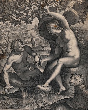 view In the Garden of Eden, Eve offers Adam the apple. Line engraving by C. Galle after G.B. Paggi.