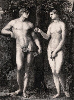 view Eve shows Adam the apple she has bitten. Etching by W. Unger after J. Palma the elder.