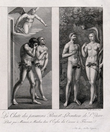 The Fall: Adam and Eve driven out by the Angel for eating the forbidden fruit. Etching by C. Lasinio after Masaccio and Masolino.