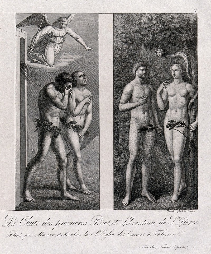The Fall: Adam and Eve driven out by the Angel for eating the forbidden fruit. Etching by C. Lasinio after Masaccio and Masolino., by Masaccio