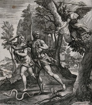 view Adam and Eve expelled from Eden by an angel with a flaming sword. Line engraving by R. Sadeler after M. de Vos, 1583.