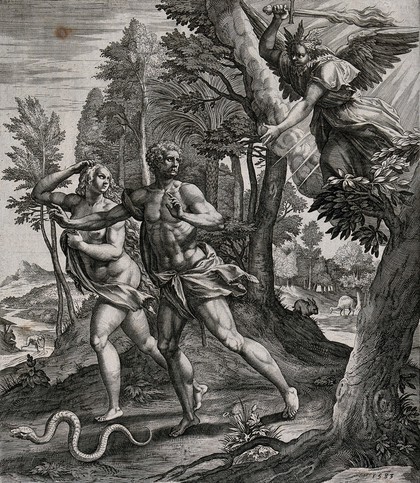 Adam and Eve expelled from Eden by an angel with a flaming sword. Line engraving by R. Sadeler after M. de Vos, 1583.
