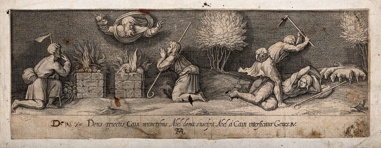 Cain and Abel make their sacrifices to God; Cain kills Abel. Engraving by F. Villamena after Raphael.