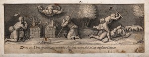 view Cain and Abel make their sacrifices to God; Cain kills Abel. Engraving by F. Villamena after Raphael.