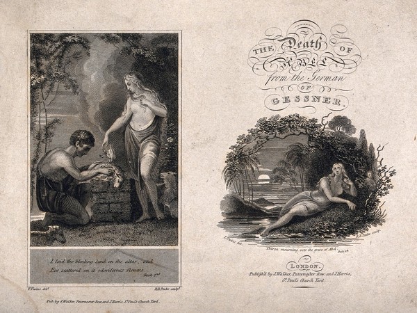 Adam sacrifices a lamb, which Eve scatters with flowers (left); Thirza mourns by the water (right). Etching by R.B. Peake after T. Uwins.