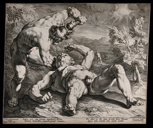 view Cain violently kills Abel. Engraving by Jan Muller after Cornelis van Harlem.