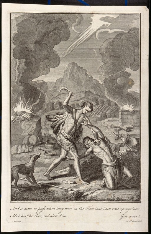 Cain kills Abel. Engraving by M. van der Gucht after G. Hoet.