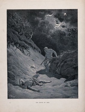 Cain kills Abel under a stormy sky. Wood engraving by H. Pisan after G. Dore.