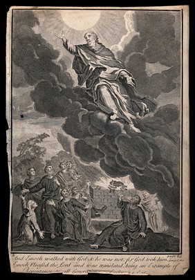 Enoch in the clouds above a group of people at a festival. Etching.