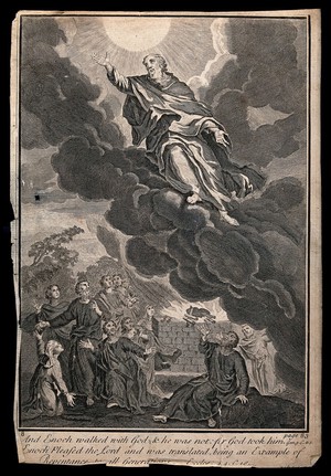 view Enoch in the clouds above a group of people at a festival. Etching.