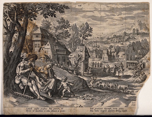 Lamech, holding a farming implement, points at a child; down in the street, various acts of uninhibited licence go on. Engraving.
