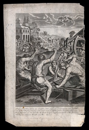 view Men build the ark while revellers play; God supervises. Engraving.