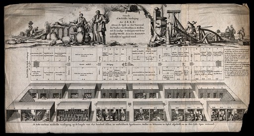 An elaborate cross-section of Noah's ark, detailing the storing of provisions and livestock; scenes of loading and construction. Line engraving.