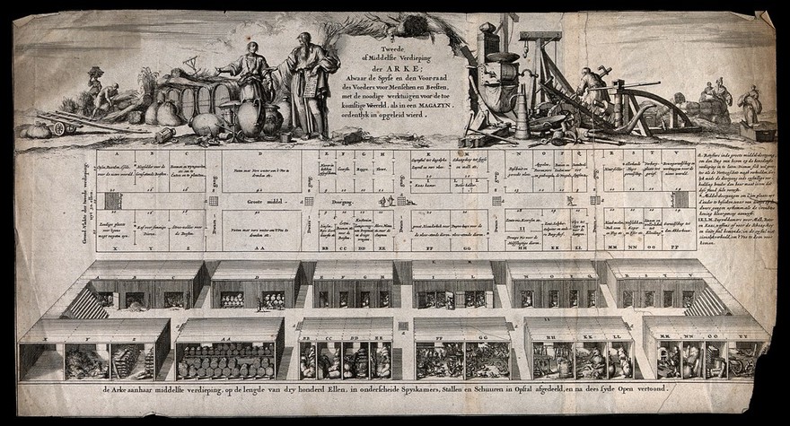 An elaborate cross-section of Noah's ark, detailing the storing of provisions and livestock; scenes of loading and construction. Line engraving.