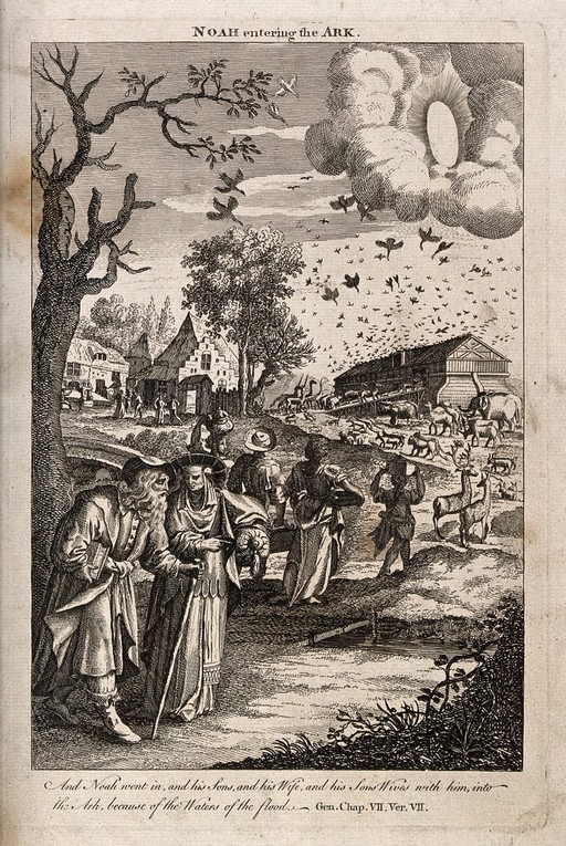 Noah and his companions follow the animals into the Ark. Etching.
