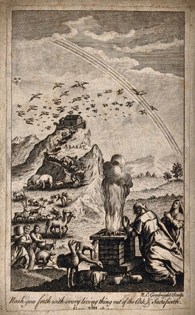 Noah's entourage comes down from Mount Ararat; Noah makes a sacrifice. Etching by N.C. Goodnight.
