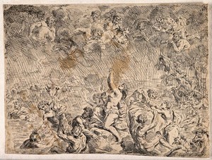 view Gods watch from the heavens as the Flood engulfs the terrified people. Etching.