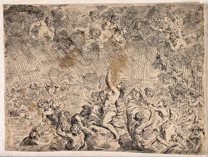 Gods watch from the heavens as the Flood engulfs the terrified people. Etching.