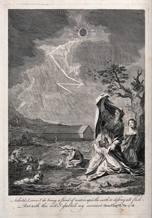 Women shelter in fear by a tree, as the deluge sweeps the land. Engraving by L. Truchy.