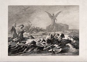 view A huge angel stands atop Noah's ark, its back turned towards the entwined mass of drowning creatures; people pray and one holds her baby aloft; serpents tussle among the dying. Etching by L. Friedrich after W. Kaulbach.