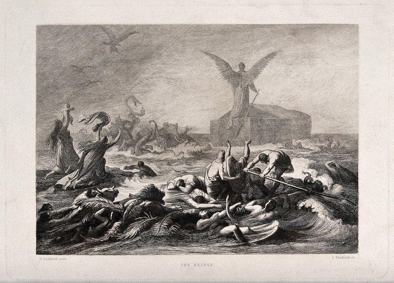 A huge angel stands atop Noah's ark, its back turned towards the entwined mass of drowning creatures; people pray and one holds her baby aloft; serpents tussle among the dying. Etching by L. Friedrich after W. Kaulbach., by Wilhelm von Kaulbach