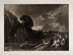 view A woman is swept away by the tempestuous deluge; a small company of people on a hill try to save themselves; a serpent slithers beside them. Mezzotint after J. Martin.