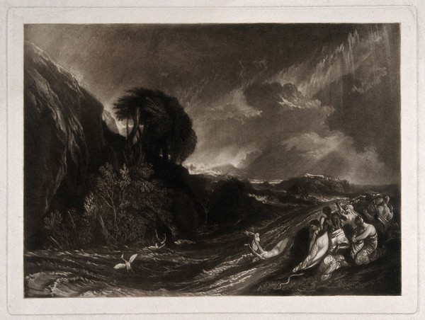 A woman is swept away by the tempestuous deluge; a small company of people on a hill try to save themselves; a serpent slithers beside them. Mezzotint after J. Martin.