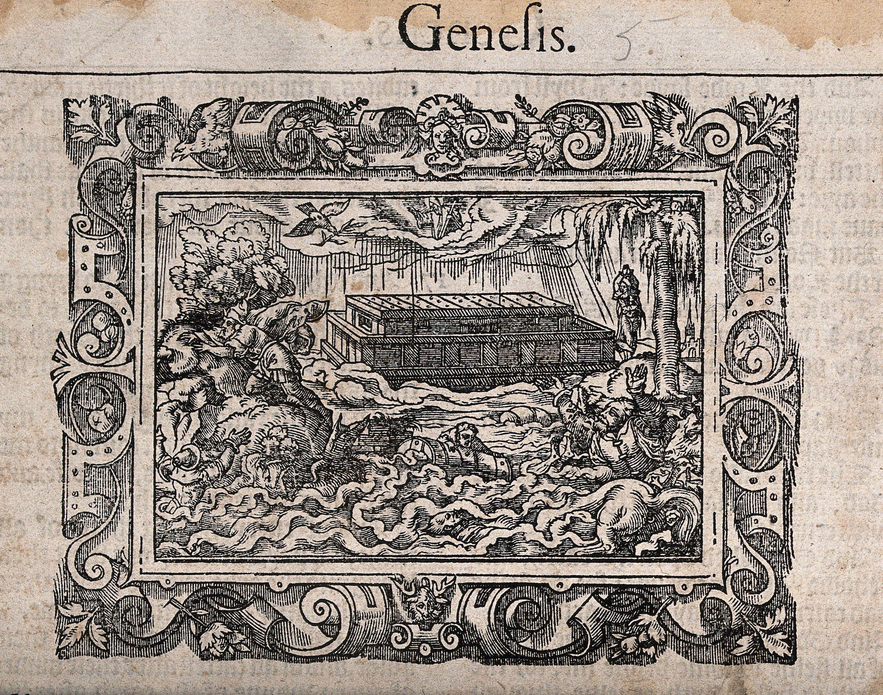 Noah S Ark Surrounded By Drowning Men Above The Dove Holds The Olive Leaf In Its Beak While God Appears In A Cloud Attired As A Bishop Woodcut Wellcome Collection