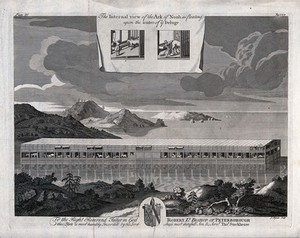 view Noah's ark and all its compartments displayed. Etching by J. Mynde.