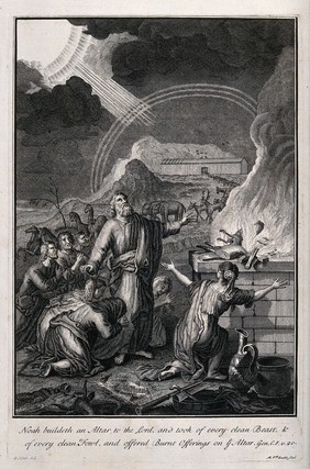 Noah and his entourage come down from the ark and make a sacrifice to God. Etching by M. van der Gucht after G. Hoet.