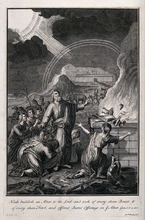 view Noah and his entourage come down from the ark and make a sacrifice to God. Etching by M. van der Gucht after G. Hoet.